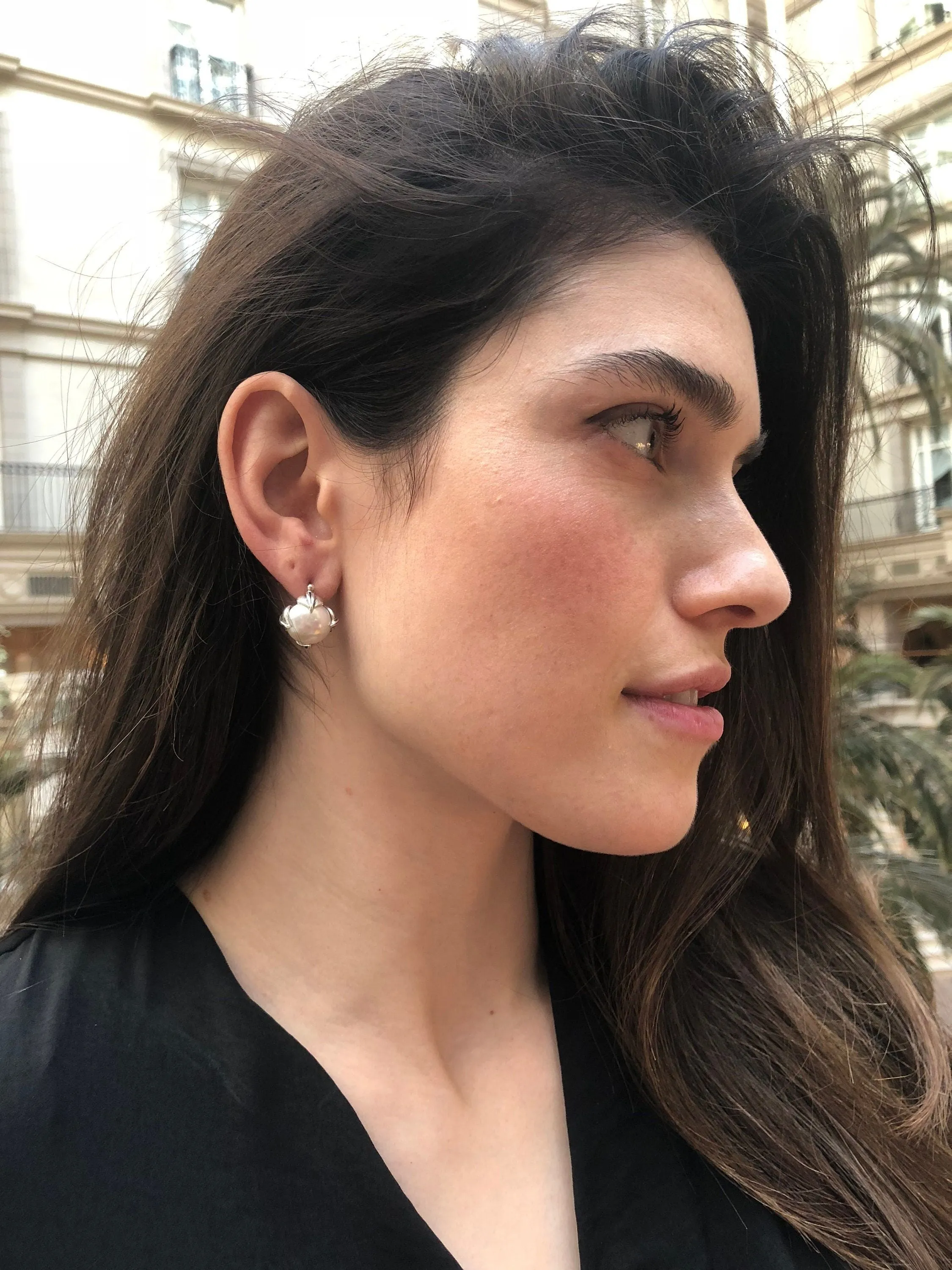 Genuine Pearl Earrings - Round White Studs - Vintage Leaf Earrings