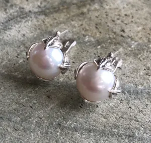 Genuine Pearl Earrings - Round White Studs - Vintage Leaf Earrings