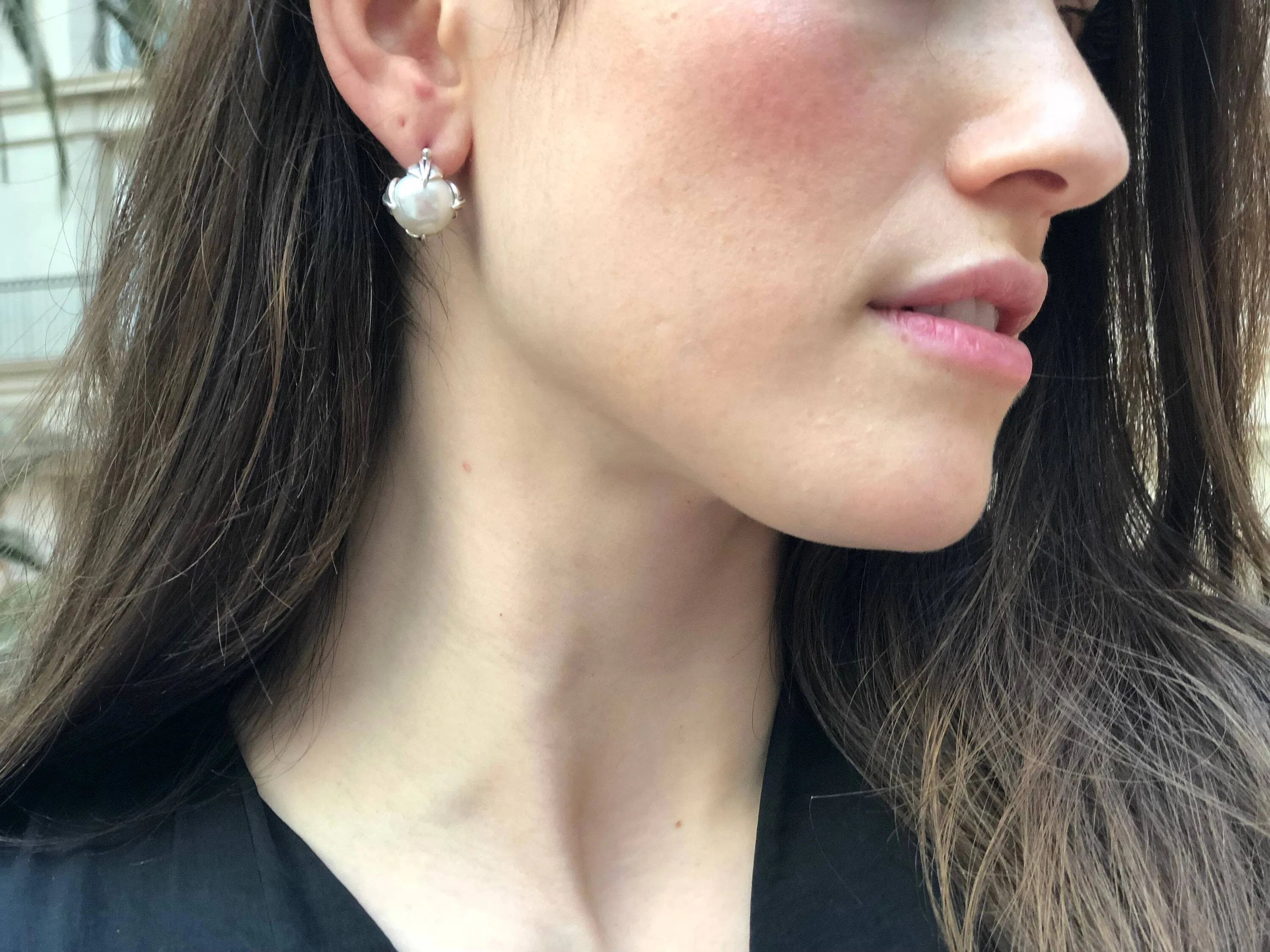 Genuine Pearl Earrings - Round White Studs - Vintage Leaf Earrings