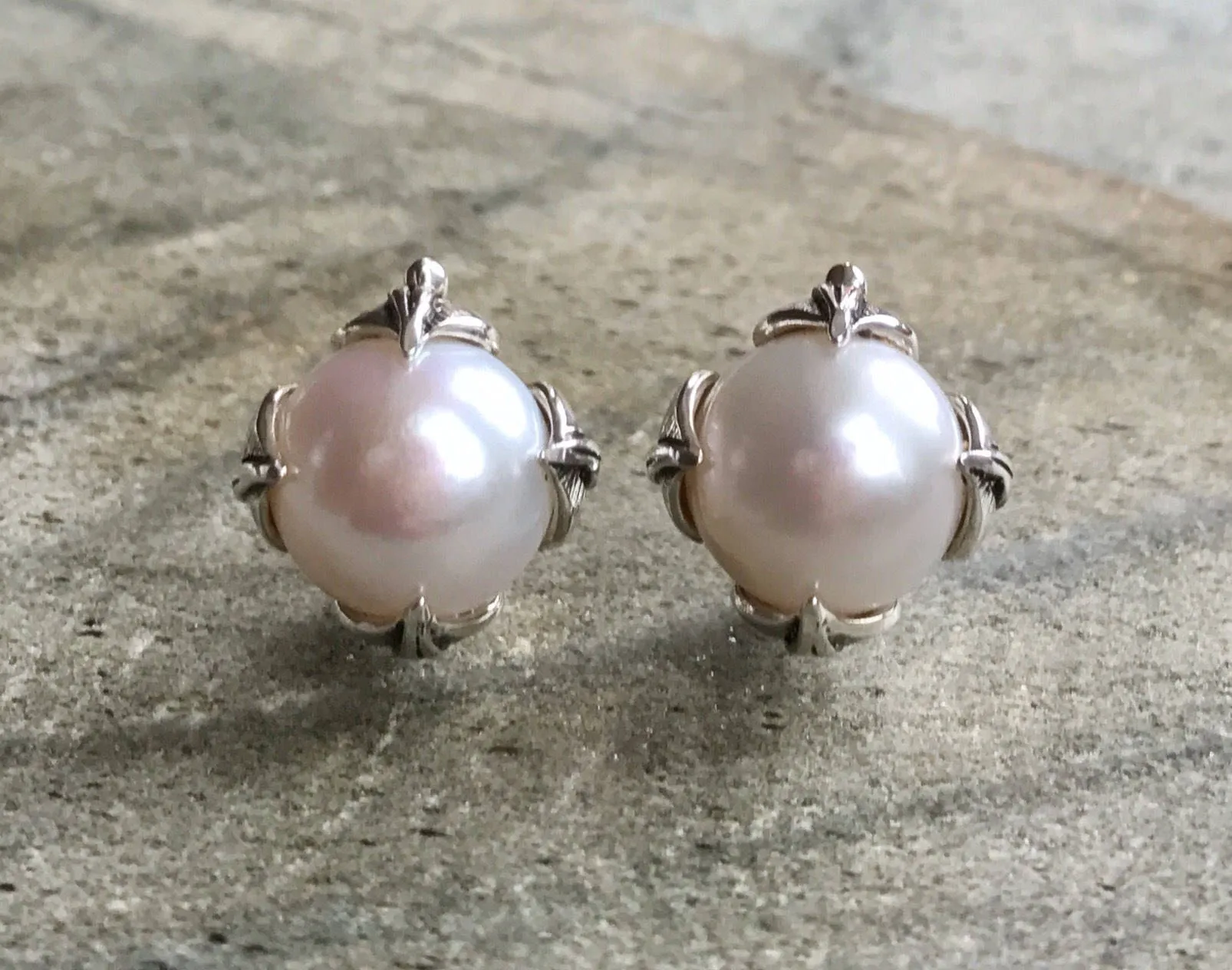 Genuine Pearl Earrings - Round White Studs - Vintage Leaf Earrings