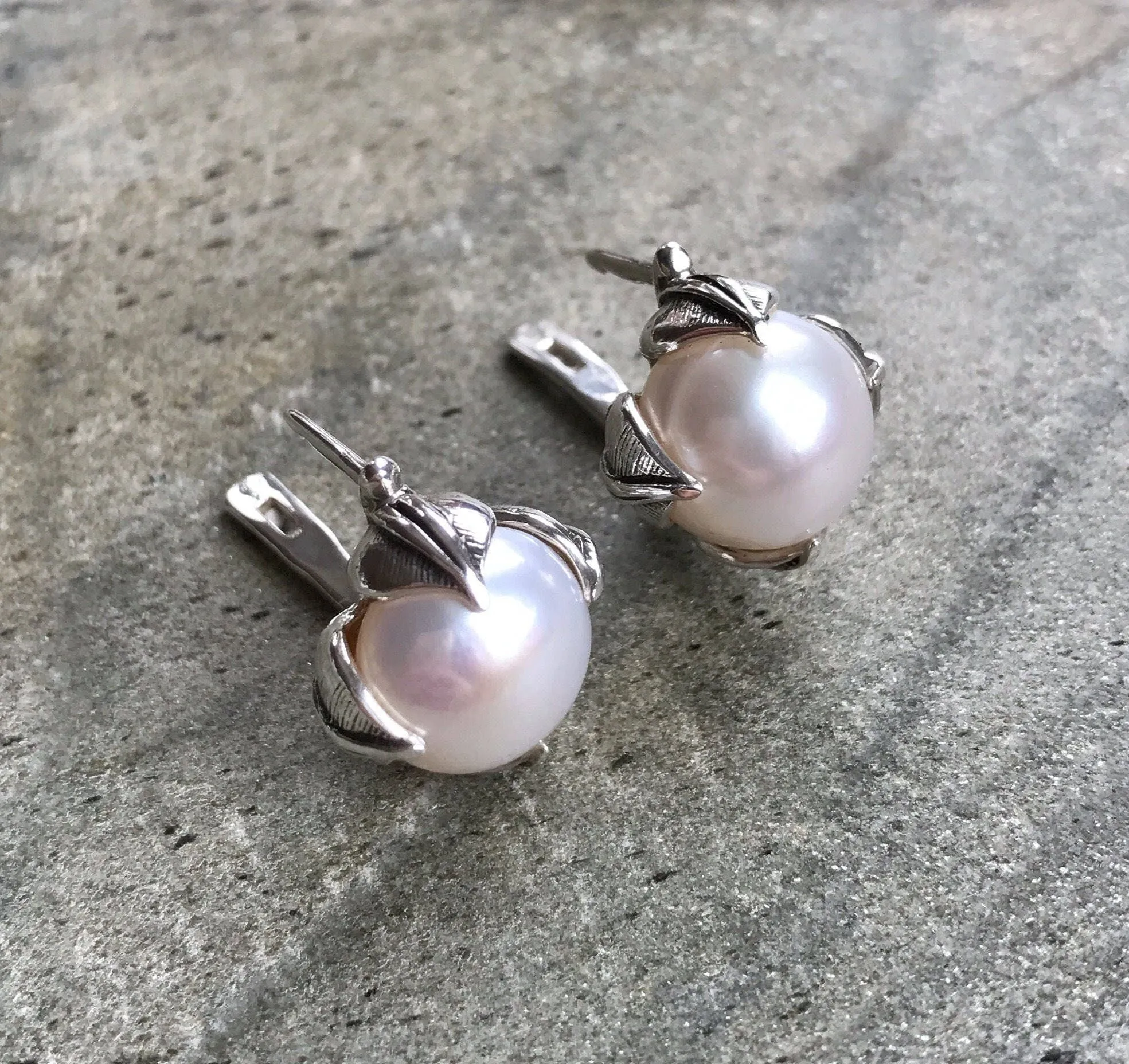 Genuine Pearl Earrings - Round White Studs - Vintage Leaf Earrings
