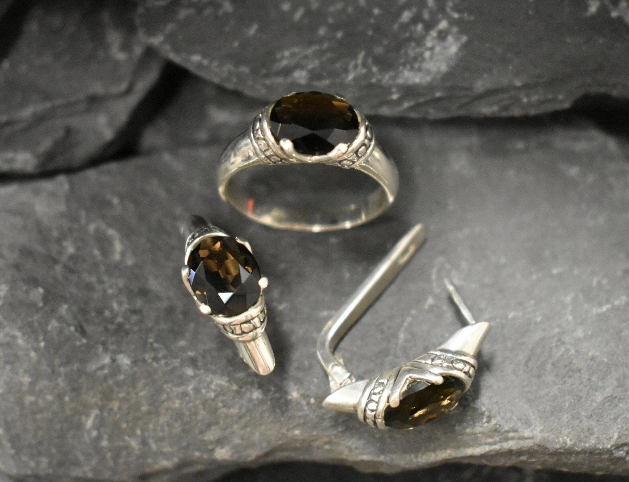 Genuine Quartz Earrings - Smoky Topaz Earrings - Brown Tribal Earrings