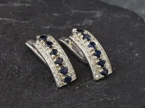 Genuine Sapphire Earrings - Blue Bar Earrings, Long Blue Earrings