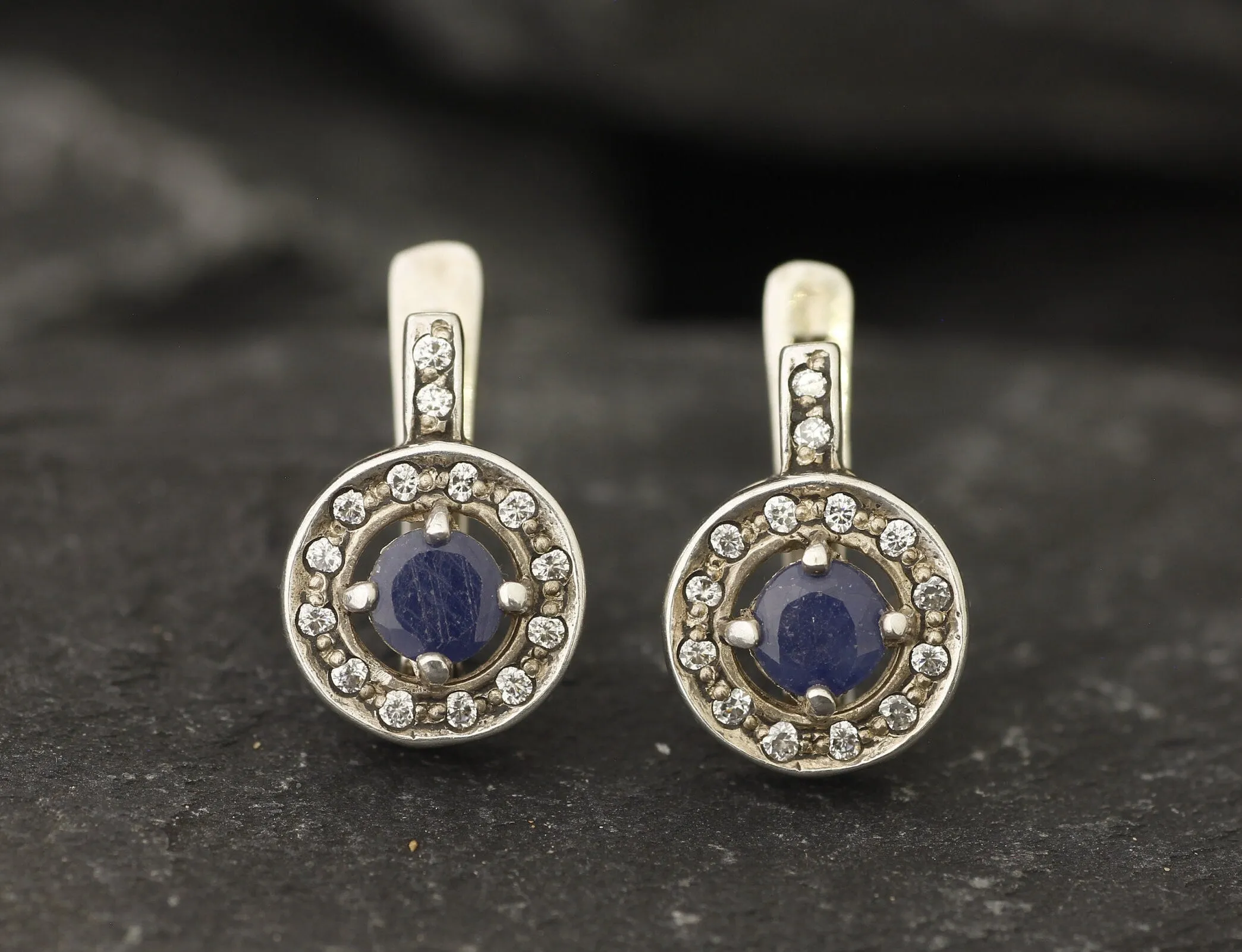 Genuine Sapphire Earrings - Blue Cluster Earrings - Dainty Drop Earrings