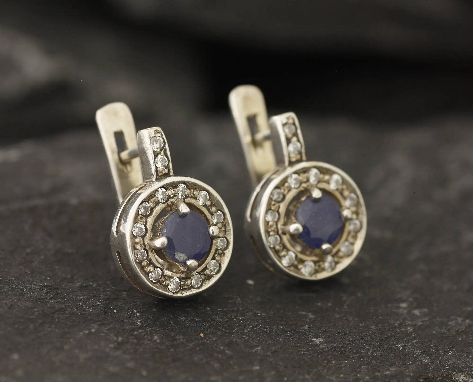 Genuine Sapphire Earrings - Blue Cluster Earrings - Dainty Drop Earrings