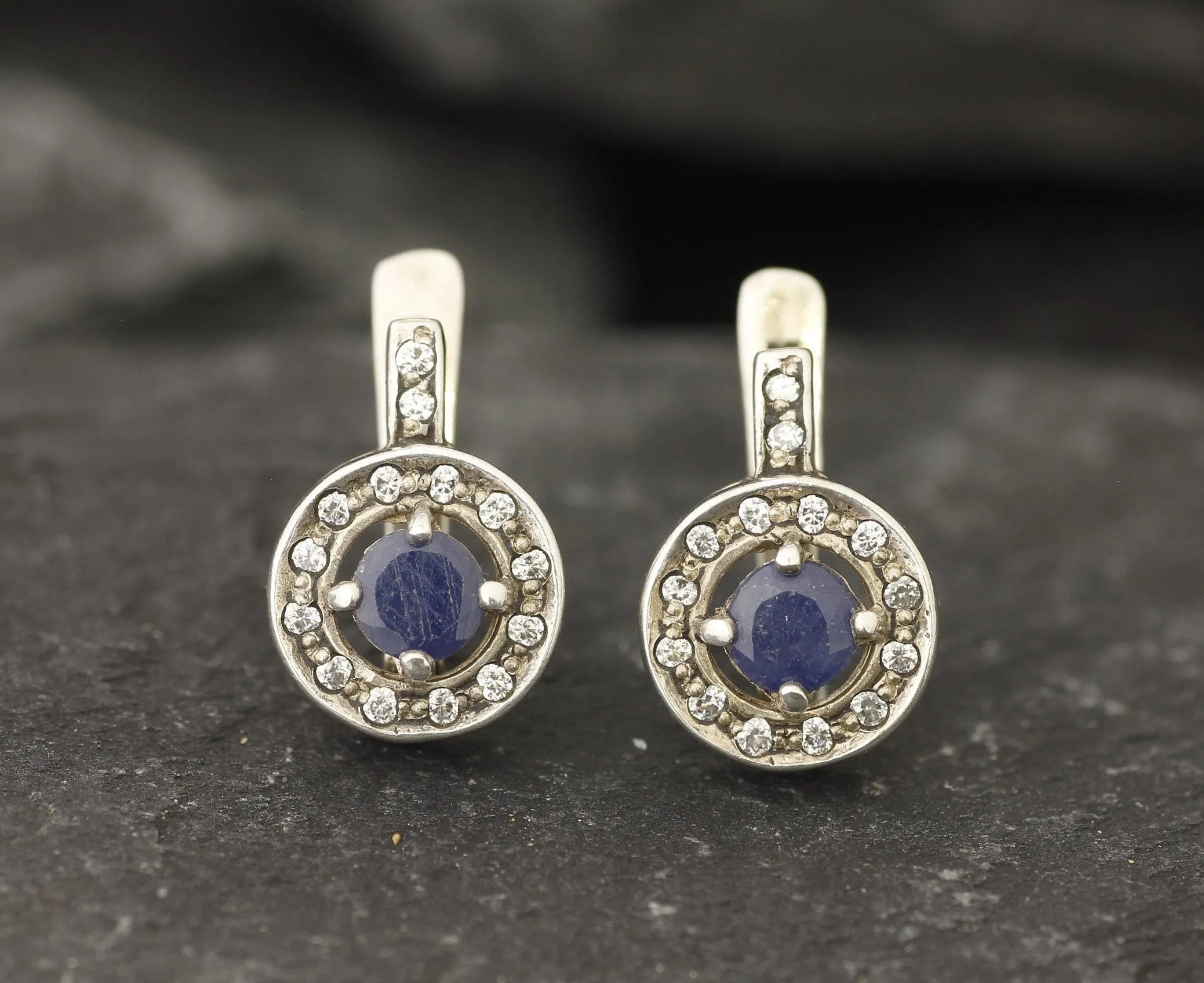 Genuine Sapphire Earrings - Blue Cluster Earrings - Dainty Drop Earrings