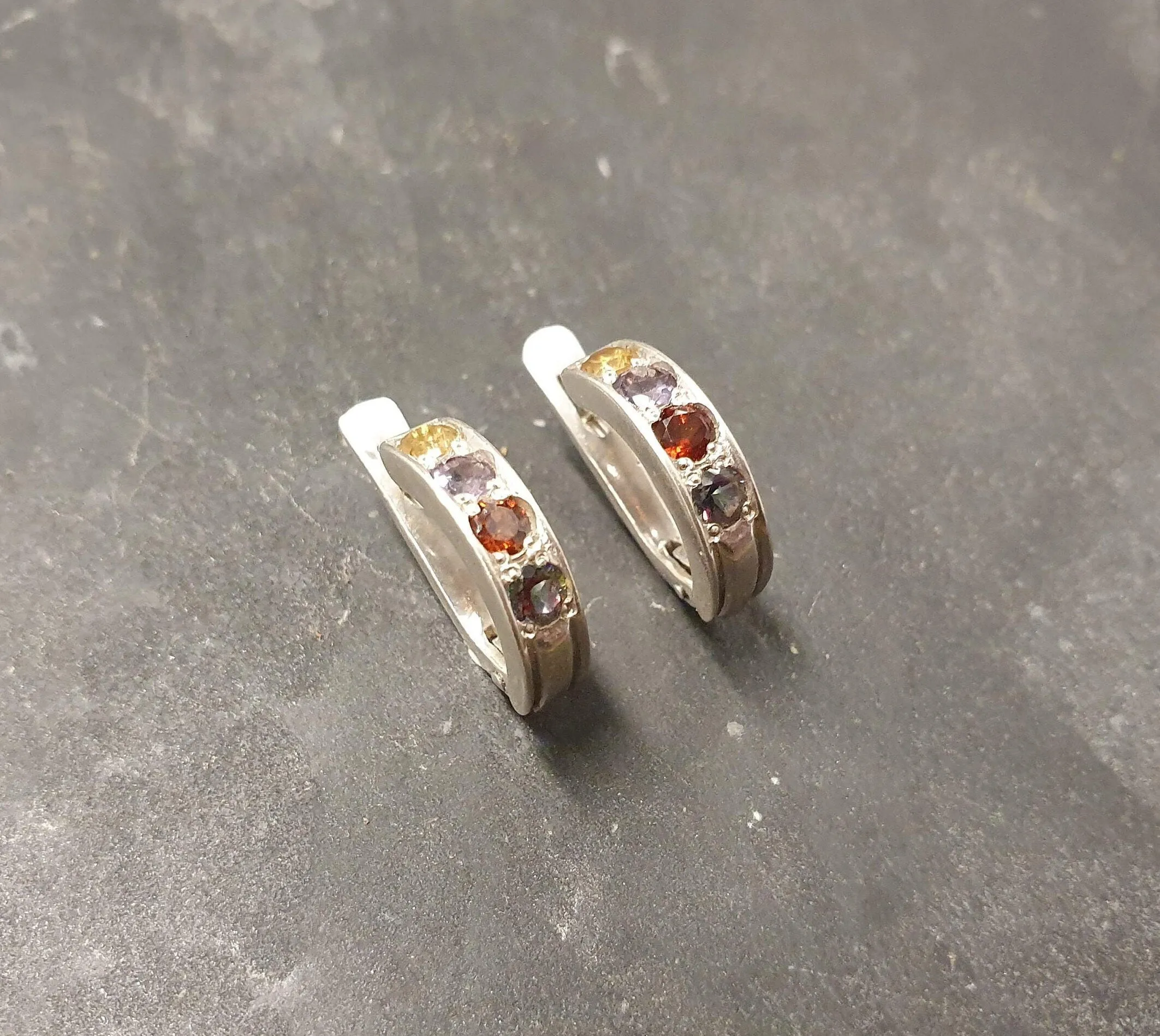 Genuine Topaz Earrings - Colorful Gem Earrings - Multistone Huggies