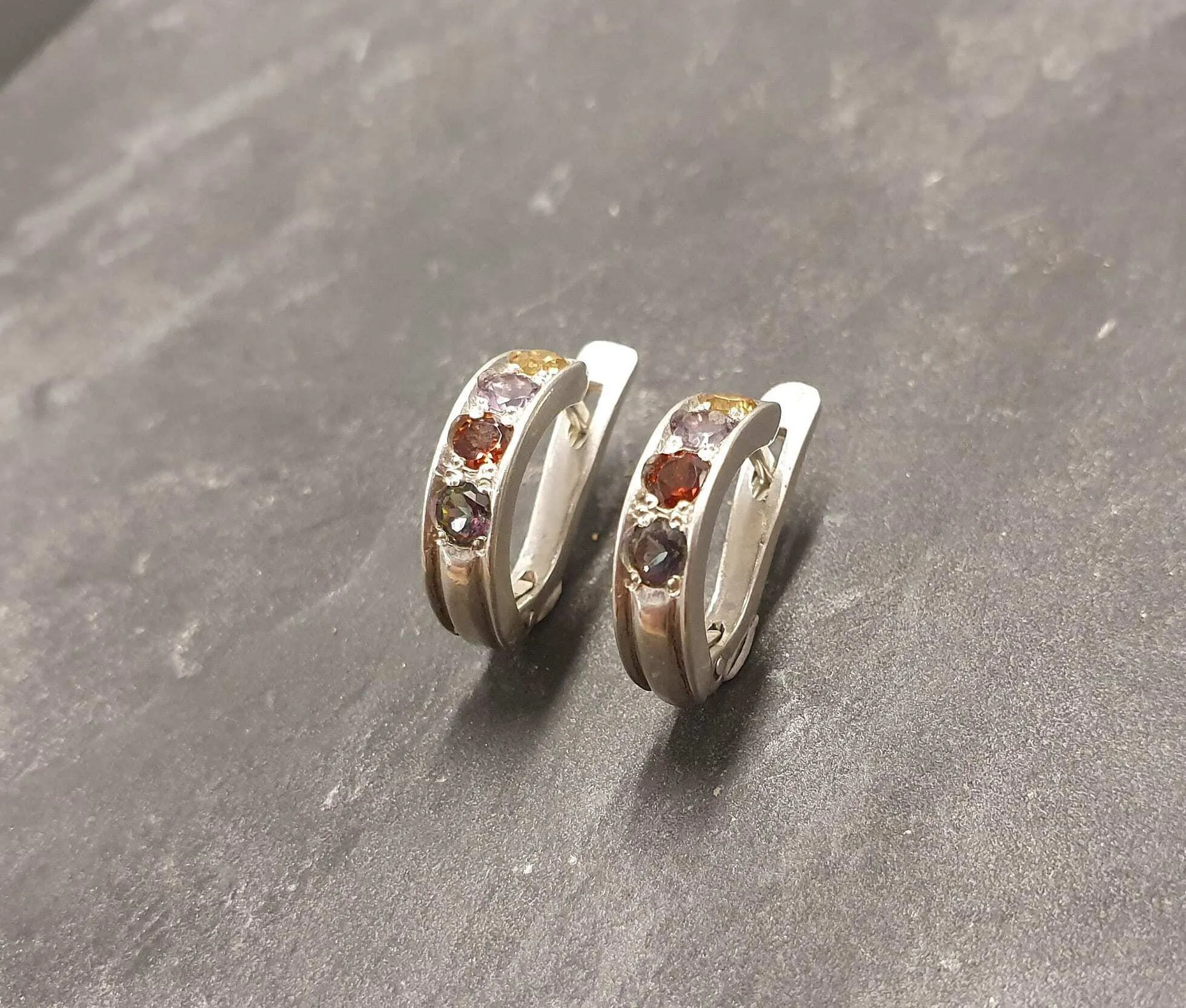 Genuine Topaz Earrings - Colorful Gem Earrings - Multistone Huggies