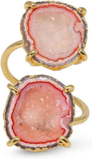 Geode Druzy Agate Quartz Crystal Two Station Gemstone Prong Setting Adjustable Rings, Gold and Silver Plated, Stone Size 15-20mm, Adjustable Shank for US Scale 6-8