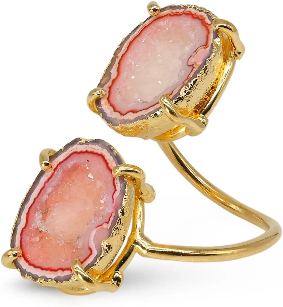 Geode Druzy Agate Quartz Crystal Two Station Gemstone Prong Setting Adjustable Rings, Gold and Silver Plated, Stone Size 15-20mm, Adjustable Shank for US Scale 6-8