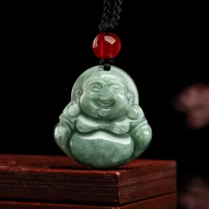 Gixaxak Laughing Buddha Pendant Necklace - Green Jade Smiling Buddha Gemstone Lucky Amulet Jewelry for Women & Men