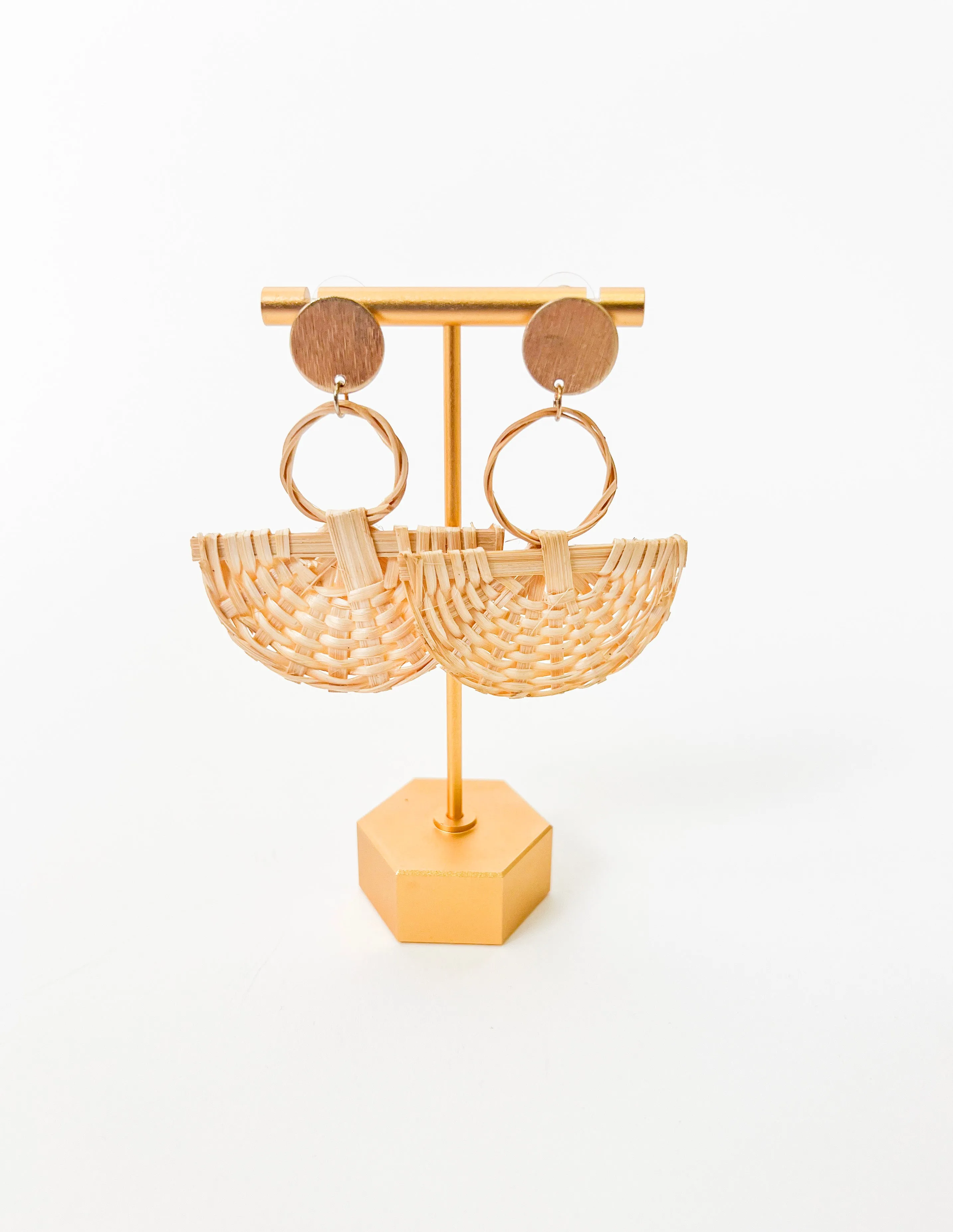 GOLD AND NATURAL RATTAN STATEMENT EARRING