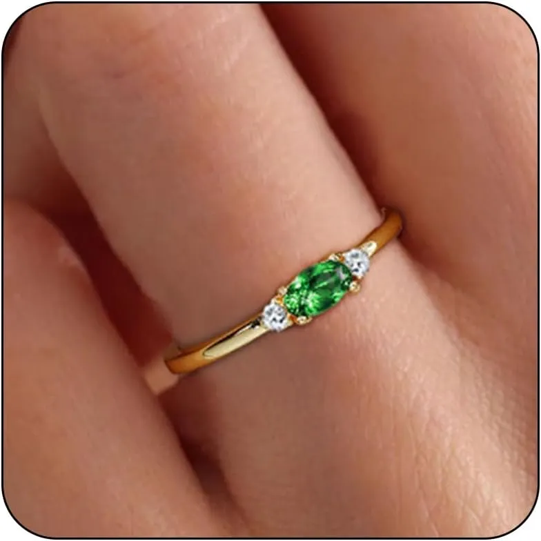 Gold Birthstone Rings for Women Mother Dainty Stackable Gold Rings Non Tarnish Thumb 14k Gold Plated CZ Emerald Green Gemstone Ring Jewelry Birthday Gift for Mom Daughter Band Size 6-11