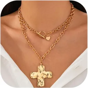 Gold Chunky Cross Necklace for Women,Statement Gold Cross Pendant Necklace Layered Necklaces Hammered Paperclip Thick Chain Necklaces Jewelry Vintage Toggle Clasp