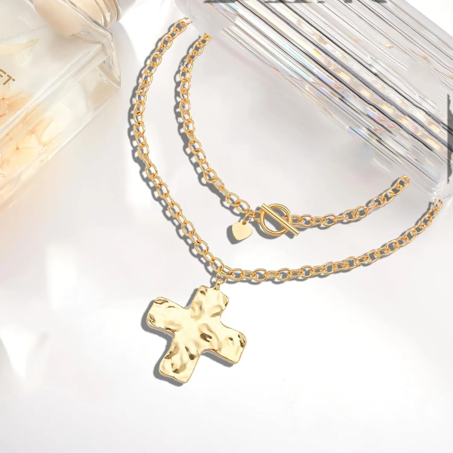 Gold Chunky Cross Necklace for Women,Statement Gold Cross Pendant Necklace Layered Necklaces Hammered Paperclip Thick Chain Necklaces Jewelry Vintage Toggle Clasp