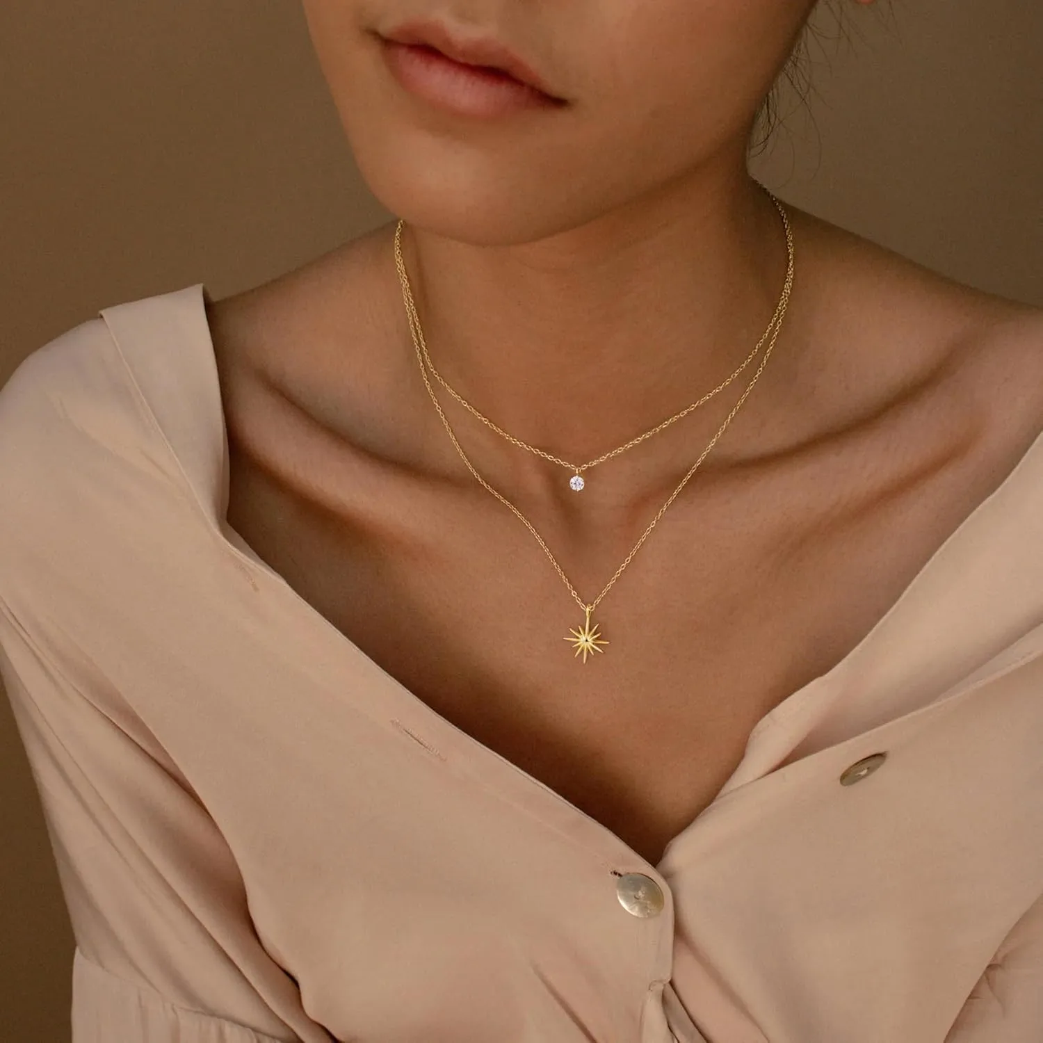 Gold Diamond Necklaces for Women Simple Dainty Layered 14K Gold Silver Plated Choker Chain Double Pendant Necklace Stack Trendy Prom CZ Jewelry Set Gifts for Women