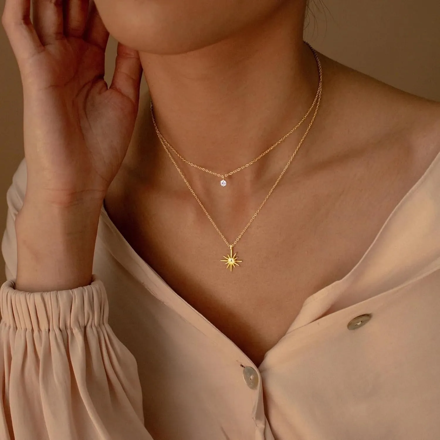 Gold Diamond Necklaces for Women Simple Dainty Layered 14K Gold Silver Plated Choker Chain Double Pendant Necklace Stack Trendy Prom CZ Jewelry Set Gifts for Women