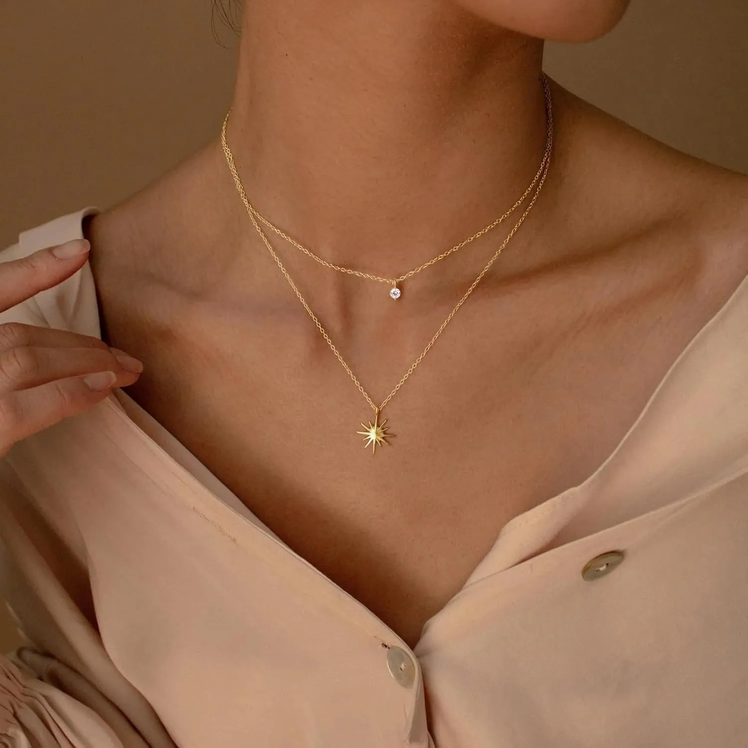 Gold Diamond Necklaces for Women Simple Dainty Layered 14K Gold Silver Plated Choker Chain Double Pendant Necklace Stack Trendy Prom CZ Jewelry Set Gifts for Women