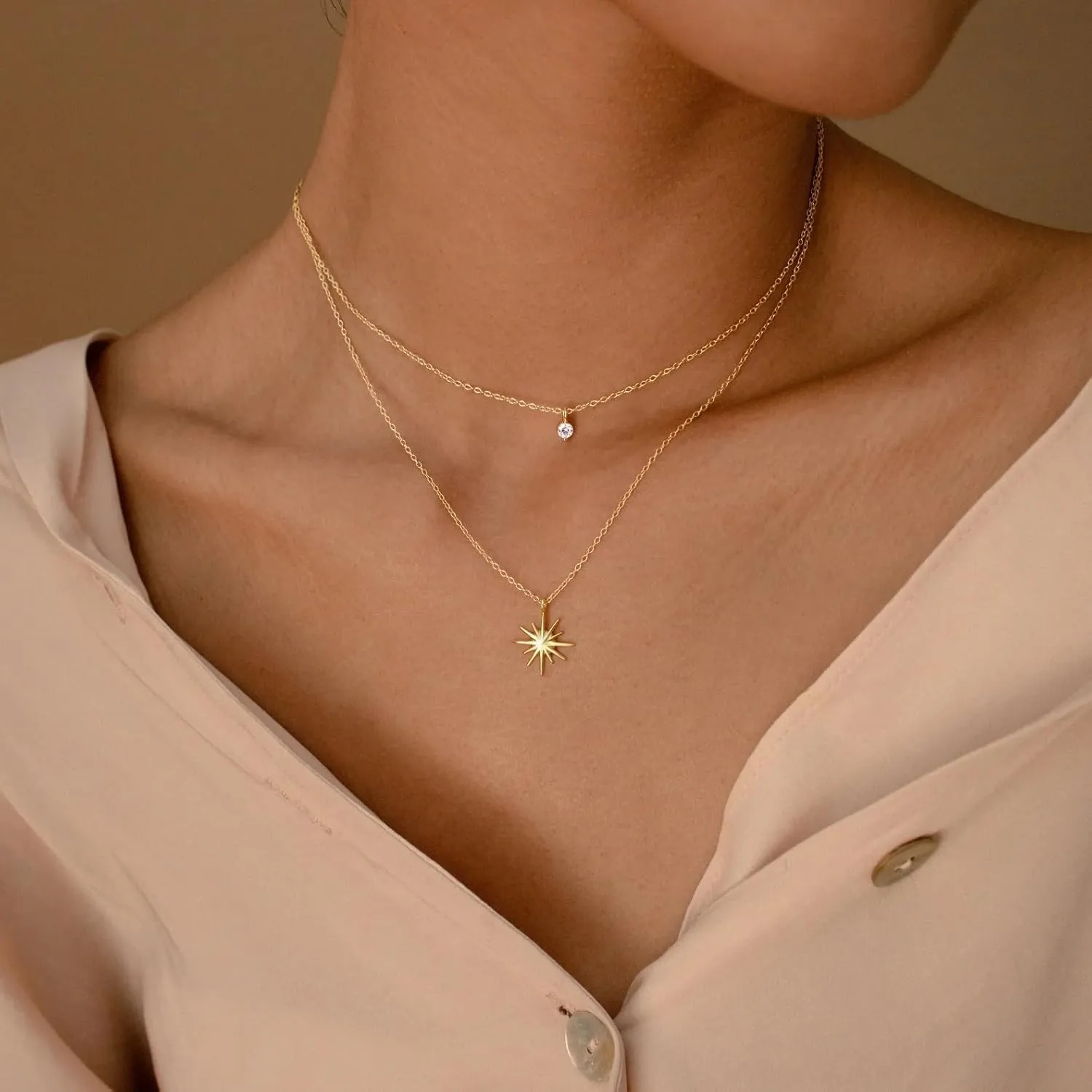 Gold Diamond Necklaces for Women Simple Dainty Layered 14K Gold Silver Plated Choker Chain Double Pendant Necklace Stack Trendy Prom CZ Jewelry Set Gifts for Women