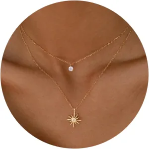 Gold Diamond Necklaces for Women Simple Dainty Layered 14K Gold Silver Plated Choker Chain Double Pendant Necklace Stack Trendy Prom CZ Jewelry Set Gifts for Women