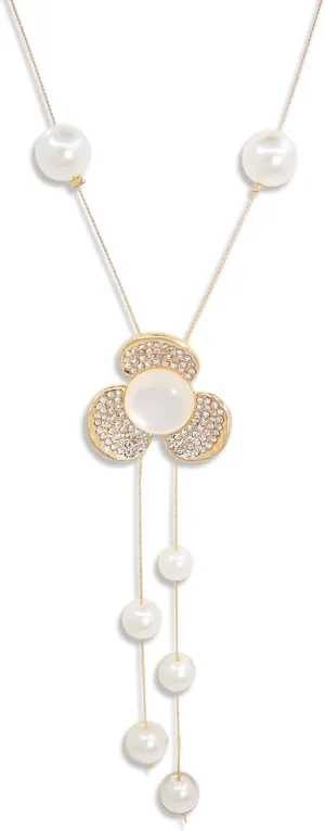 Gold Flower Crystal Pendant Necklace for Women Long Pearl Tassel Sweater Chain Necklace Wedding Rhinestone Pendant Necklace Fashion Jewelry for Women Party Christmas Gift