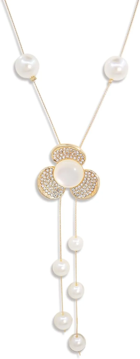 Gold Flower Crystal Pendant Necklace for Women Long Pearl Tassel Sweater Chain Necklace Wedding Rhinestone Pendant Necklace Fashion Jewelry for Women Party Christmas Gift