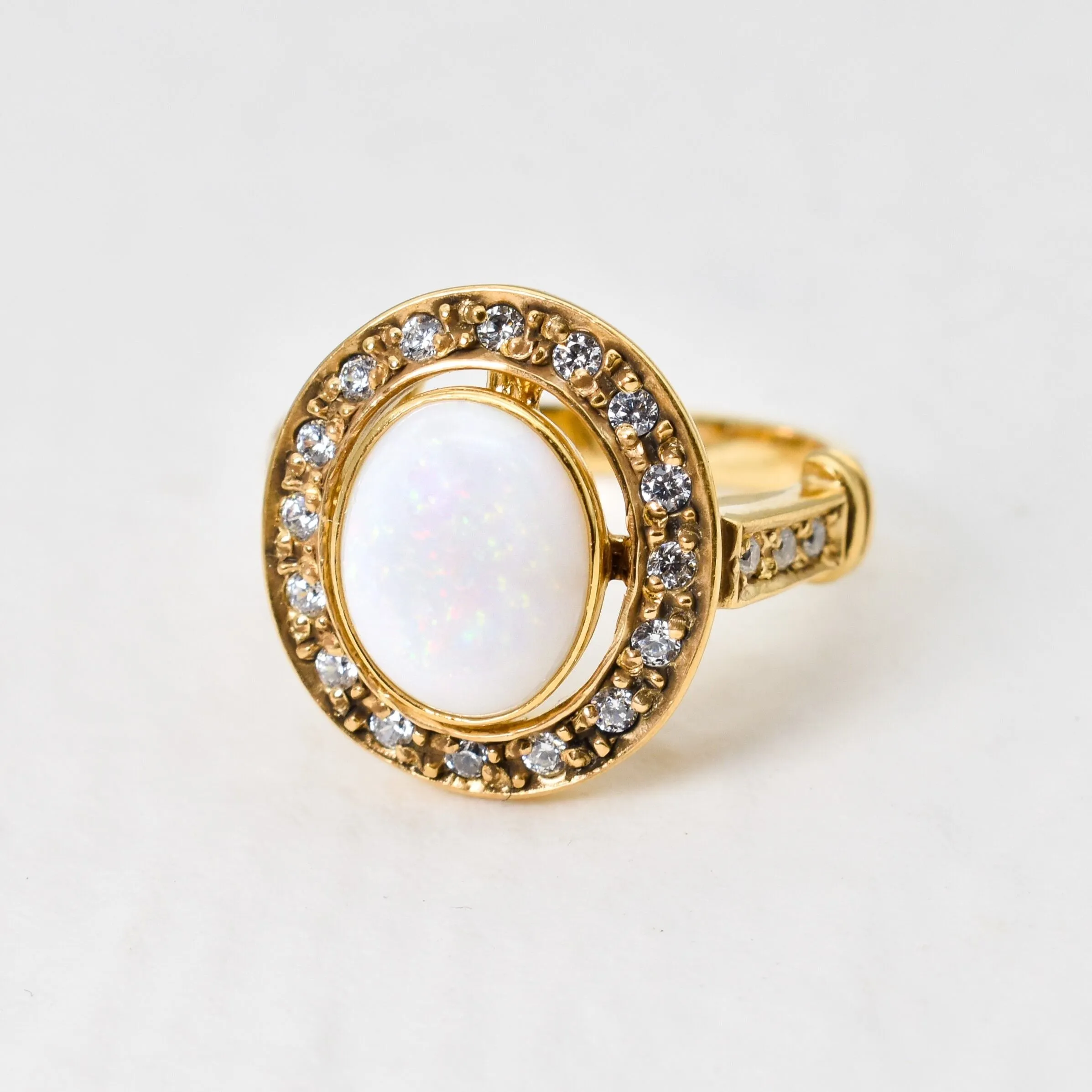 Gold Opal Ring - White Bezel Ring - Vintage Oval Ring
