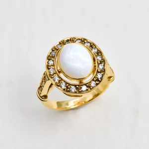 Gold Opal Ring - White Bezel Ring - Vintage Oval Ring
