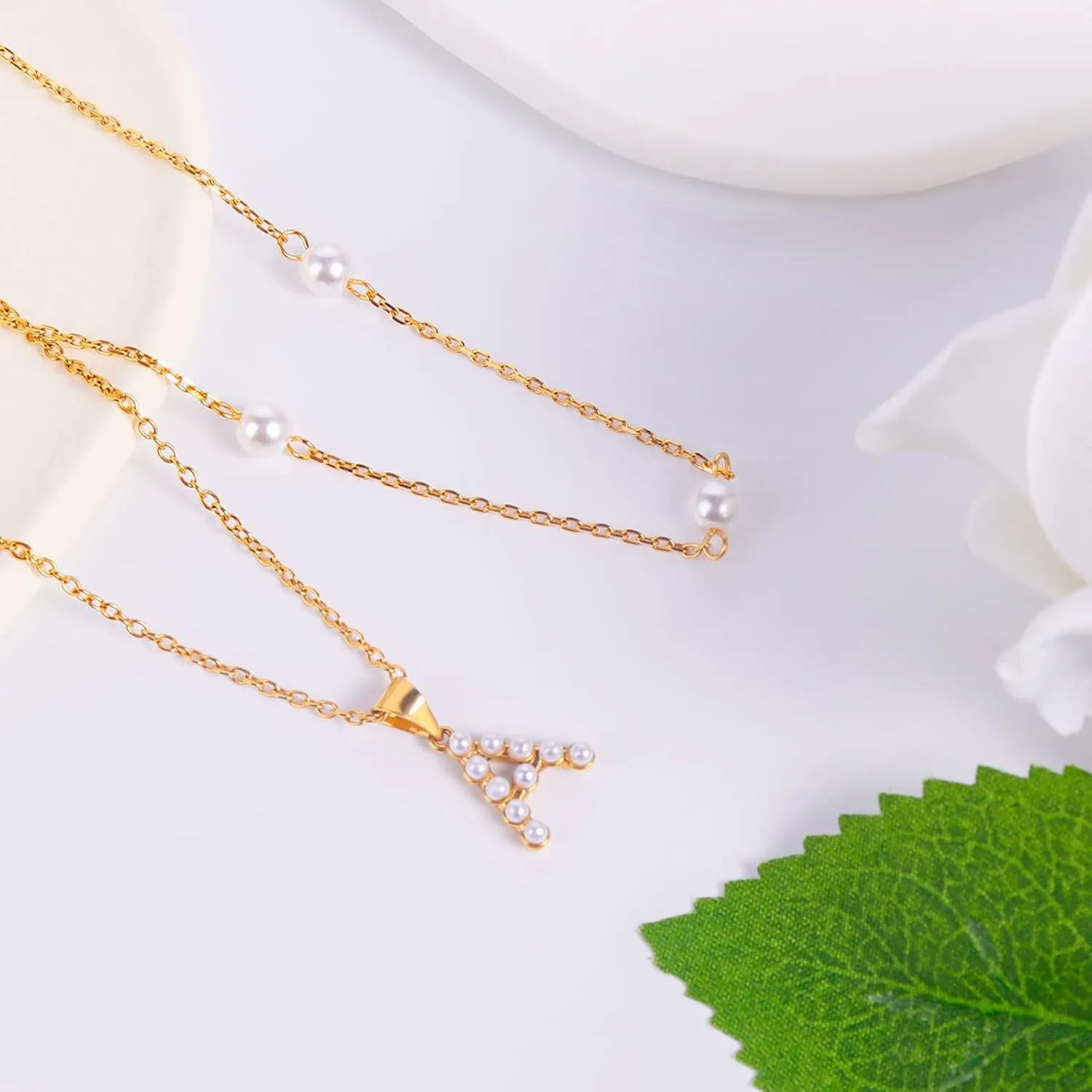 Gold Pearl Initial Necklaces For Women Girls Trendy, Dainty Pearl Letter Necklace Cute Jewelry Gifts For Teen Girls, 14K Gold Layered Link Chain Necklaces