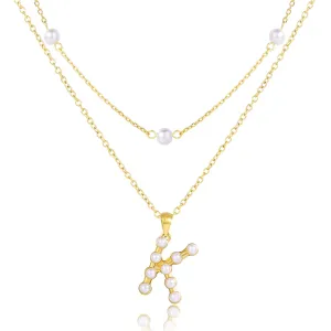 Gold Pearl Initial Necklaces For Women Girls Trendy, Dainty Pearl Letter Necklace Cute Jewelry Gifts For Teen Girls, 14K Gold Layered Link Chain Necklaces