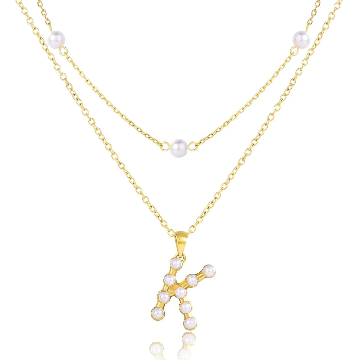 Gold Pearl Initial Necklaces For Women Girls Trendy, Dainty Pearl Letter Necklace Cute Jewelry Gifts For Teen Girls, 14K Gold Layered Link Chain Necklaces