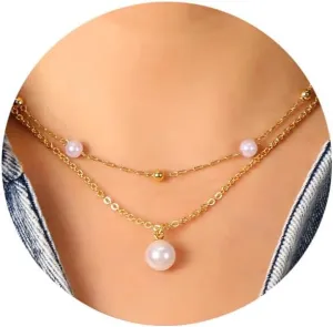 Gold Pearl Necklaces for Women - Dainty Layered Chain Necklace With Beaded Pendant - Trendy Womens Jewelry