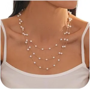 Gold Pearls Necklaces for Women-18K Gold Plated Layered Pearl Necklaces for Women Dainty White Pearls Choker Necklace Chain Pearl Necklace for Women Elegant Gifts