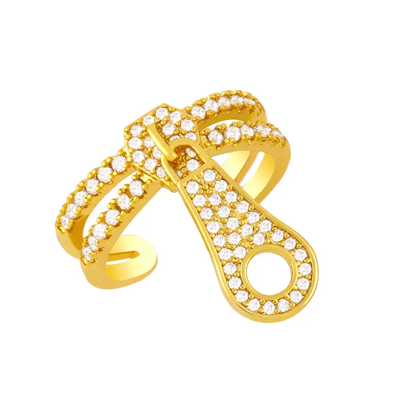 Gold Plated Curb Link Chain Cuff Rings Rhinestone Adjustable Ring