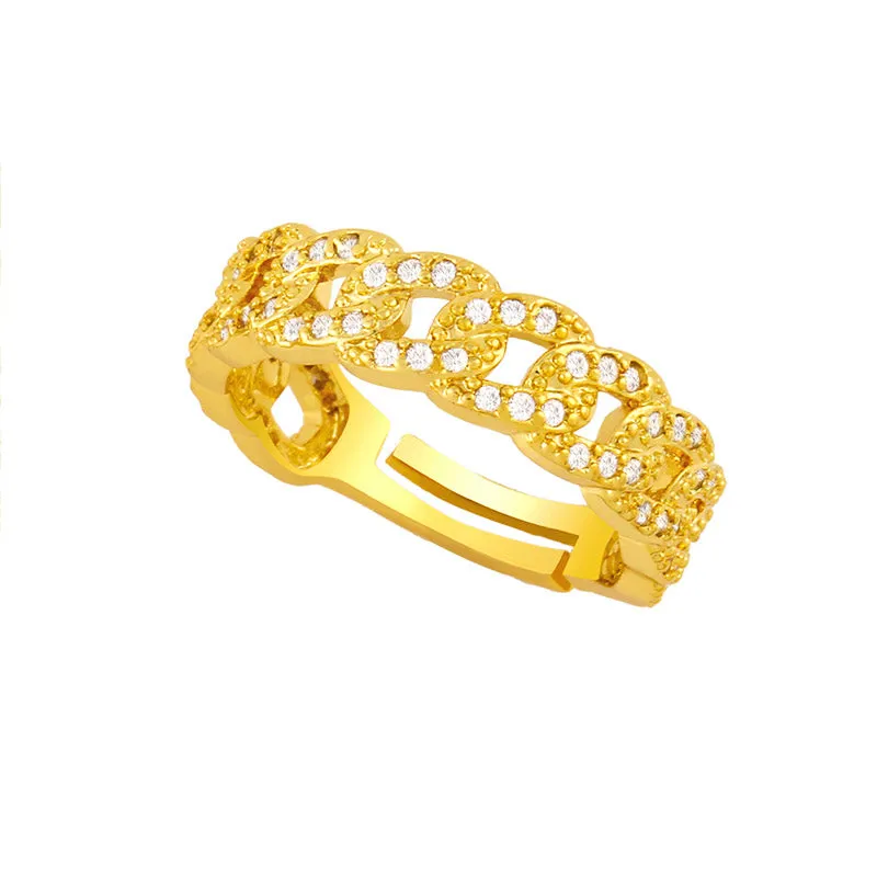 Gold Plated Curb Link Chain Cuff Rings Rhinestone Adjustable Ring