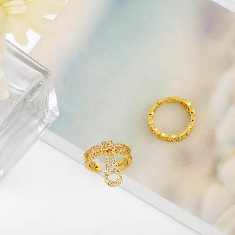 Gold Plated Curb Link Chain Cuff Rings Rhinestone Adjustable Ring