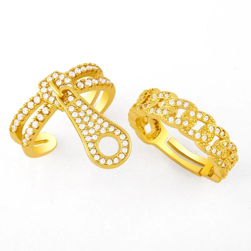 Gold Plated Curb Link Chain Cuff Rings Rhinestone Adjustable Ring