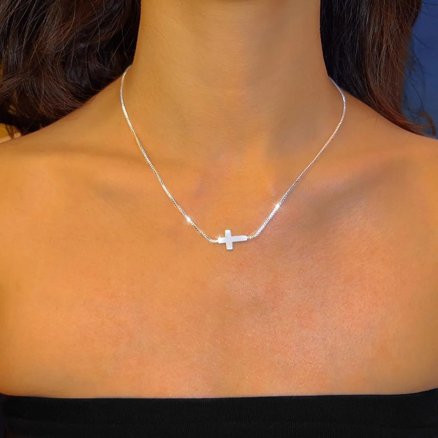 Gold Silver Cross Necklaces for Women,14k 18K Gold Plated Silver Small Sideways Cross Pendant Silver Necklaces Infinity Lariat Cross Necklace Dainty Christian Gold Jewelry