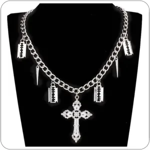 Goth Cross Necklace for Women Men Layered Bat Cross Blade Bird's Head Spider Charm Necklaces Punk Rock Pendant Necklace Halloween Gothic Jewelry