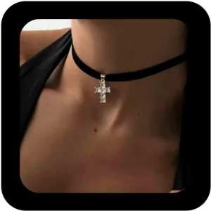 Gothic Black Velvet Choker Necklace Rhinestone Cross Velvet Necklaces Crystal Cross Pendant Necklace Suede Collar Necklaces Jewelry for Women