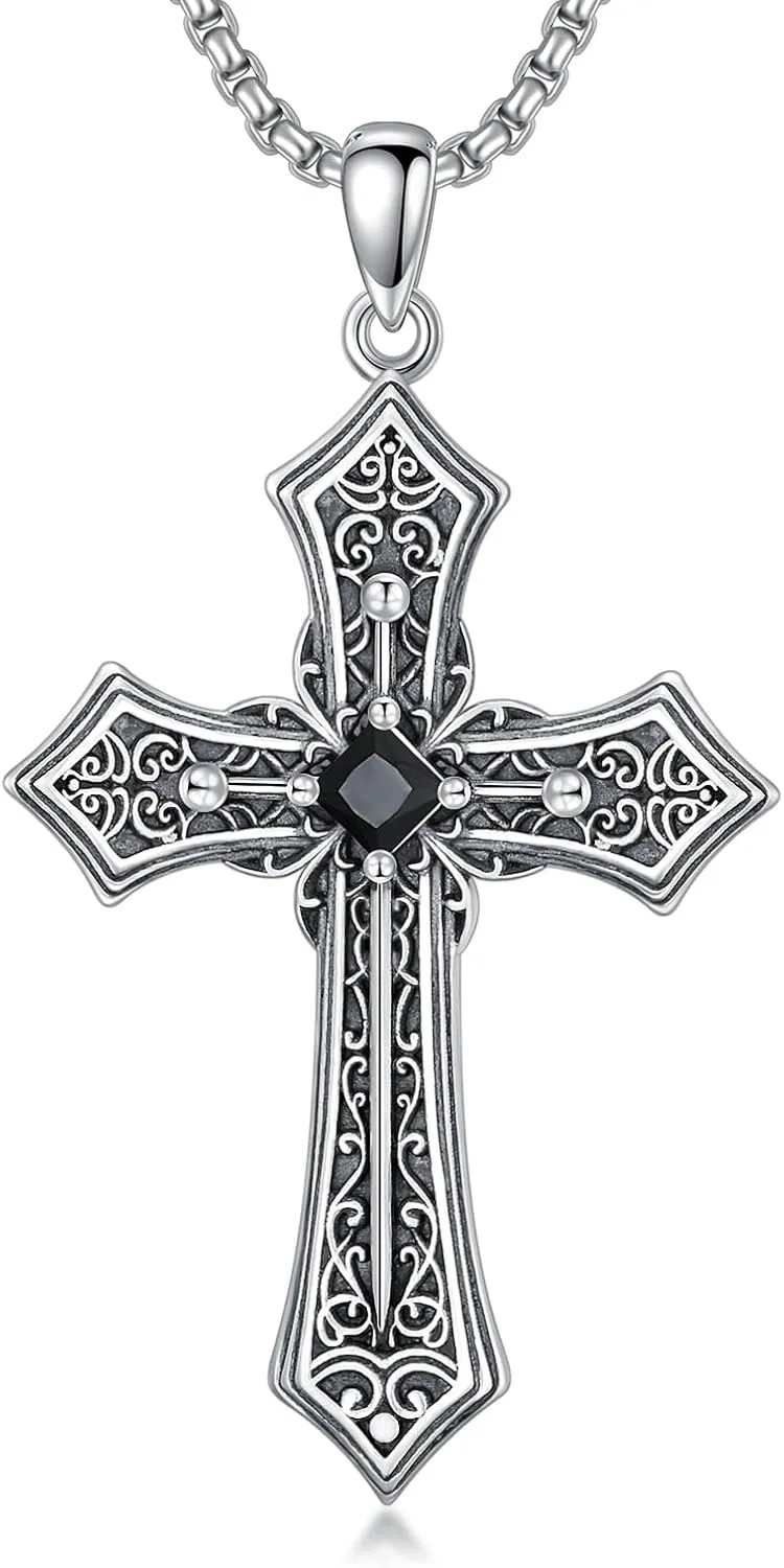 Gothic Cross Necklace 925 Sterling Silver Sword Pendant Necklaces Faith Christian Cross Jewelry
