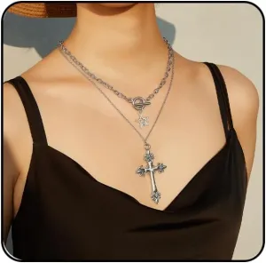 Gothic Cross Necklace for Women Exaggerate Large Cross Pendant Necklace Gothic Layered Choker Necklaces Punk Goth Emo Grunge Y2k Necklaces for Women