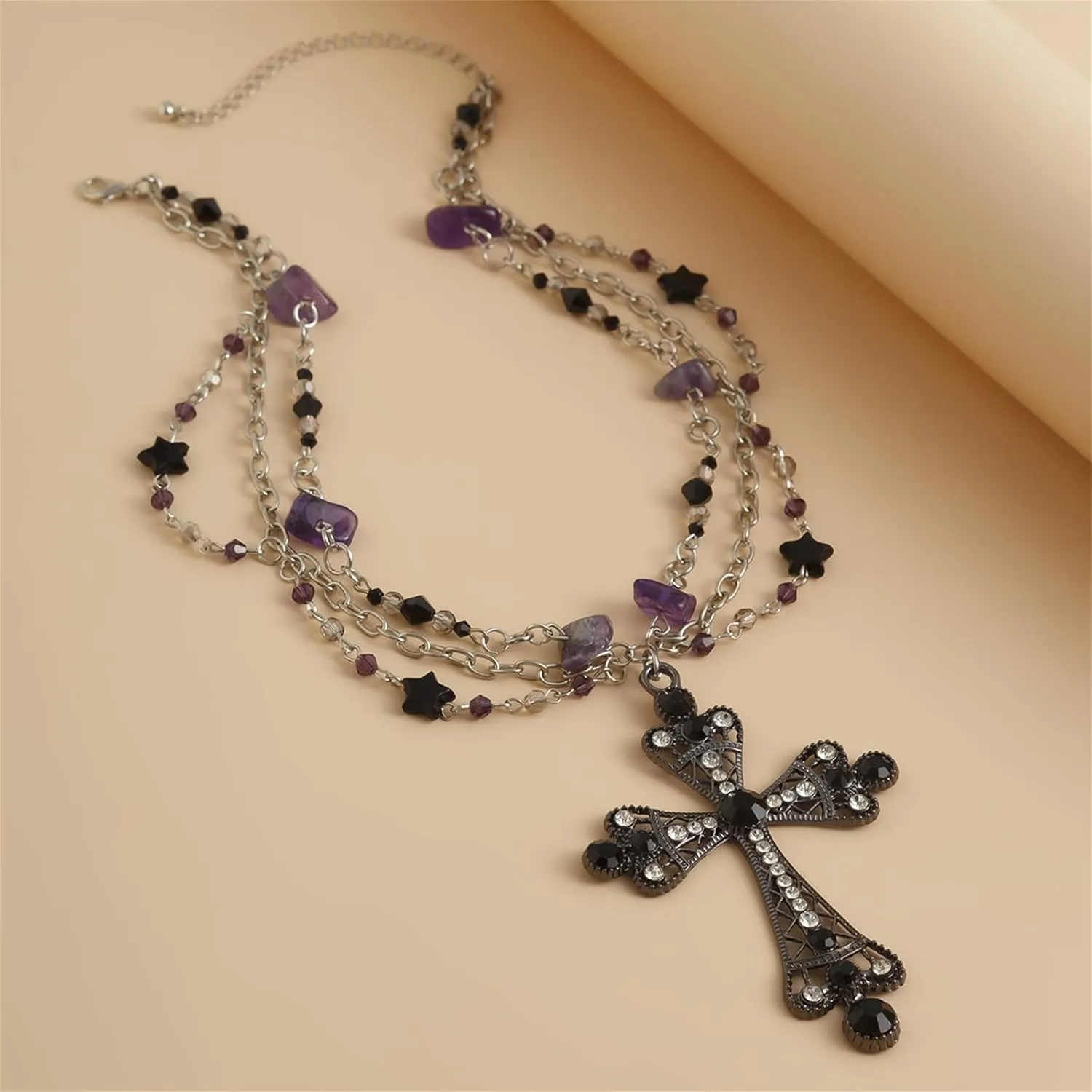 Gothic Cross Necklaces Layered Pearl Beads Cross Pendant Necklaces Punk Vintage Cross Chain Necklace Chunky Cross Necklace Gothic Jewelry for Women