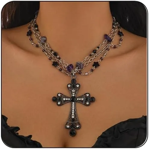 Gothic Cross Necklaces Layered Pearl Beads Cross Pendant Necklaces Punk Vintage Cross Chain Necklace Chunky Cross Necklace Gothic Jewelry for Women