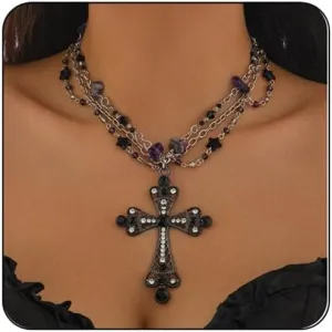 Gothic Cross Necklaces Layered Pearl Beads Cross Pendant Necklaces Punk Vintage Cross Chain Necklace Chunky Cross Necklace Gothic Jewelry for Women