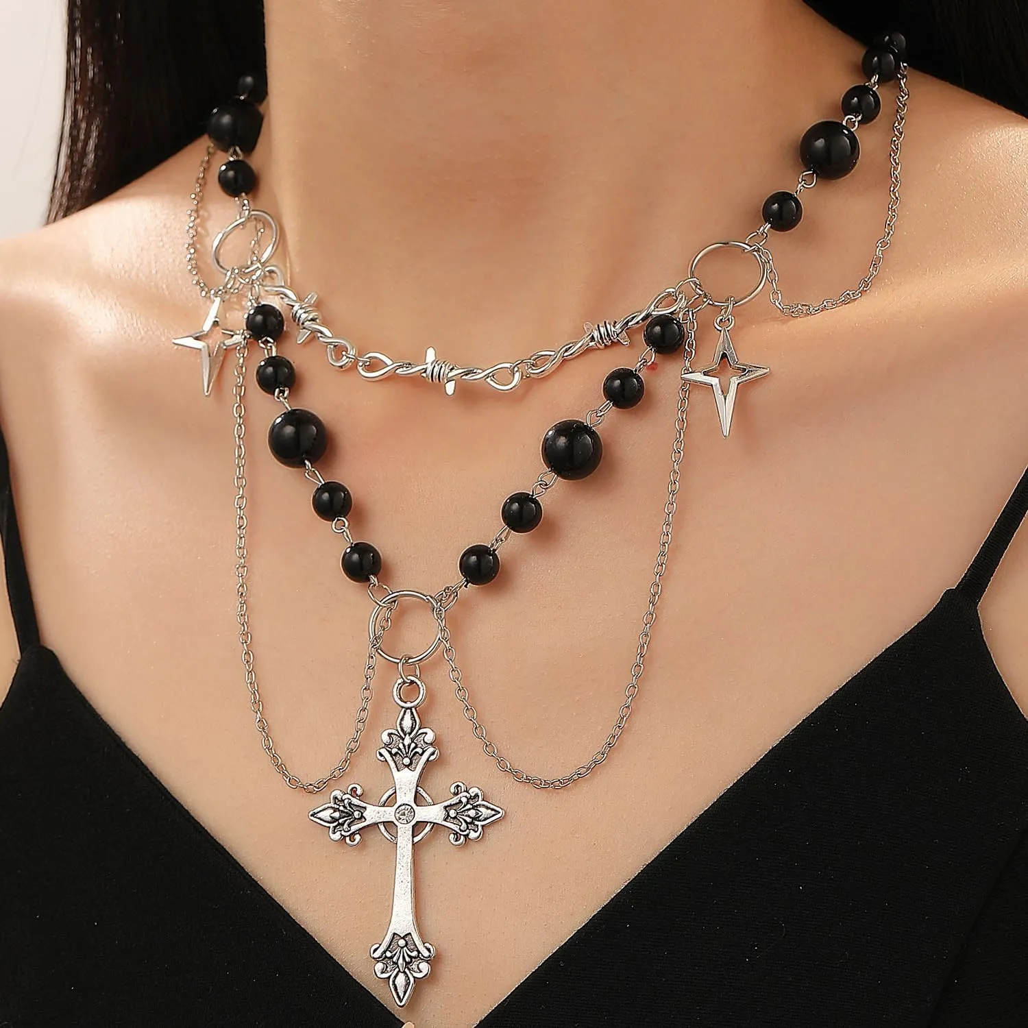 Gothic Layered Pearl Big Cross Choker Necklaces for Women Gothic Cross Pearl Necklace Vintage Chunky Zirconia Cross Tassels Necklaces Y2K Jewelry Goth Accessories