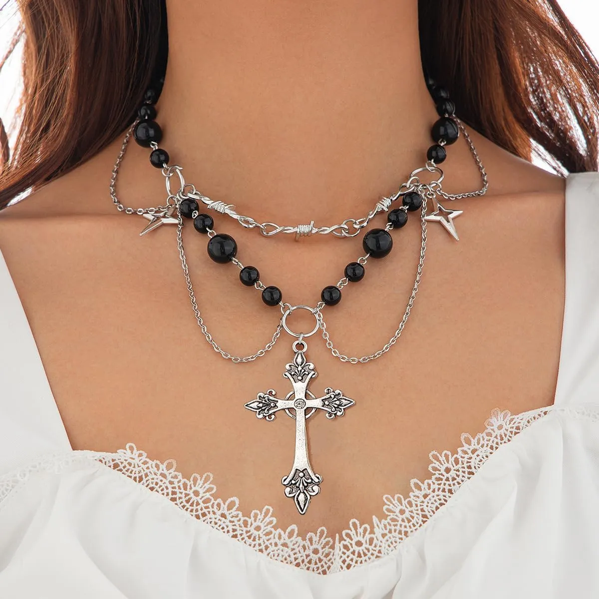 Gothic Layered Pearl Big Cross Choker Necklaces for Women Gothic Cross Pearl Necklace Vintage Chunky Zirconia Cross Tassels Necklaces Y2K Jewelry Goth Accessories