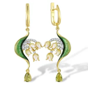Green Enamel Flower Drop Earrings with Diamond