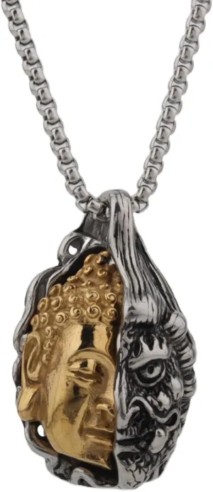 Half Buddha Half Devil Pendant Necklace for Men Women,Tibetan Amitabha Buddha Pendant Necklace with 23.6 1.96" Chain