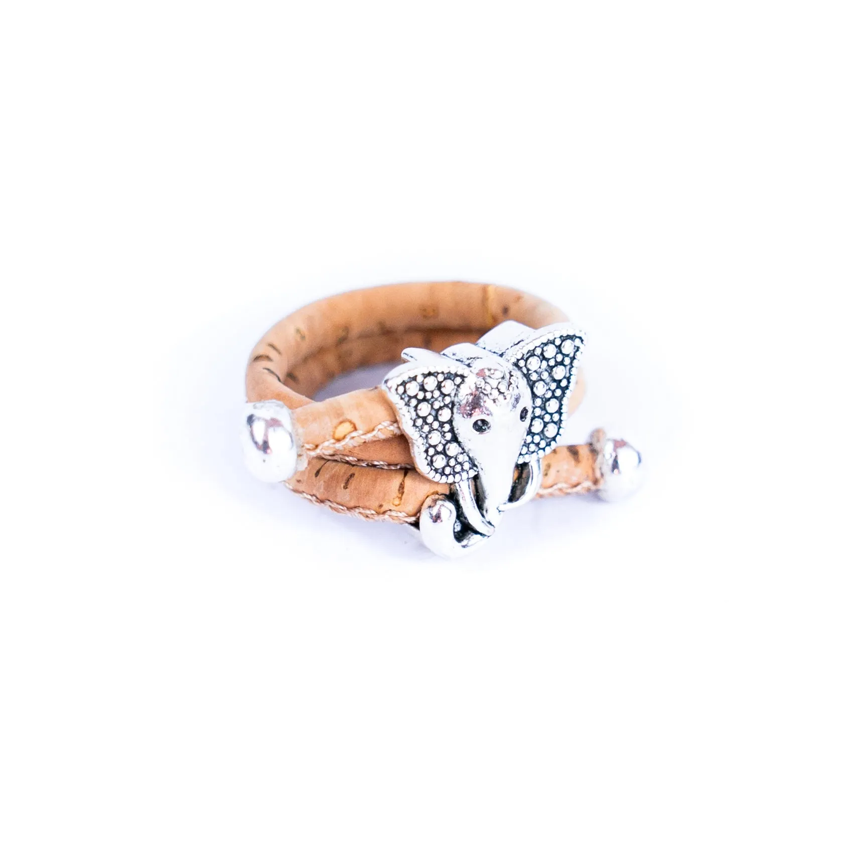 Handcrafted women's fashion ring with natural cork wire and elephant alloy hardware! RW-050-AB-10